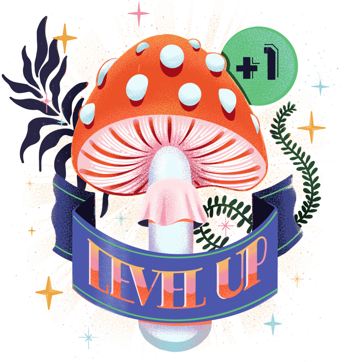 illustration of amanita muscoria mushroom with a level up label and little floating stars around it